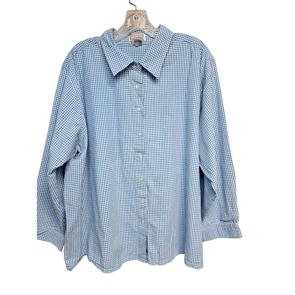 Gallagher Blue Gingham Check Button Down Shirt 100% Cotton Plus Size 3XL Womens